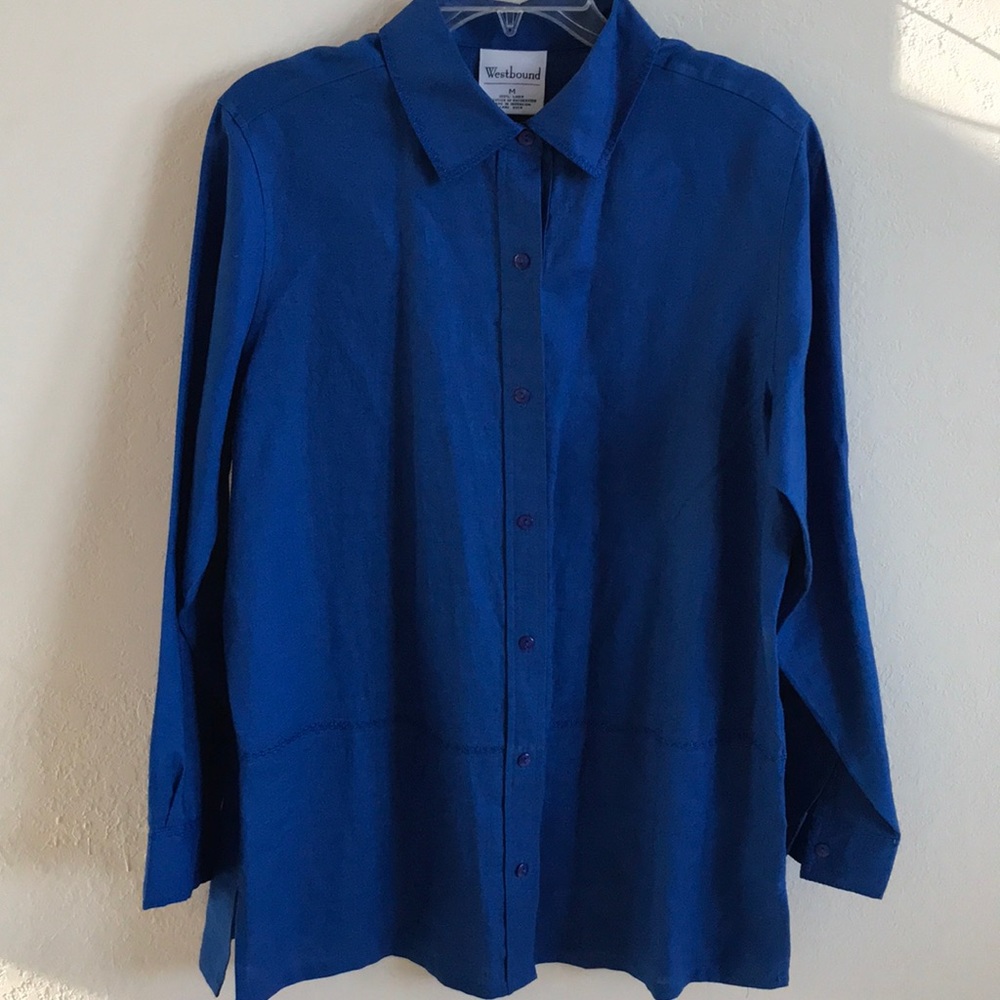 💯% Linen royal blue long sleeves with embroidery